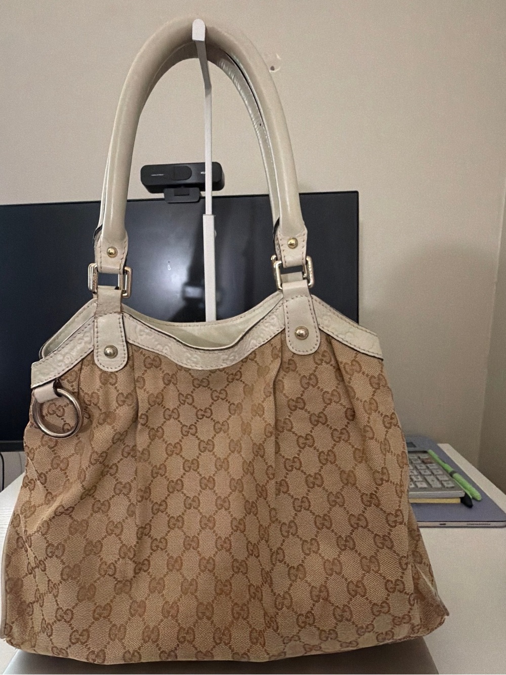 Gucci Beige GG Monogram Tote with Cream Trim